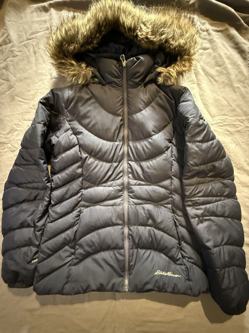Eddie Bauer EB650 Women's XS Blue Quilted Down Puffer Jacket Faux Fur Hood